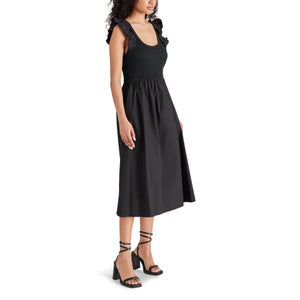 Steve Madden Adela Midi Flare Dress black side | MILK MONEY milkmoney.co | cute clothes for women. womens online clothing. trendy online clothing stores. womens casual clothing online. trendy clothes online. trendy women's clothing online. ladies online clothing stores. trendy women's clothing stores. cute female clothes.