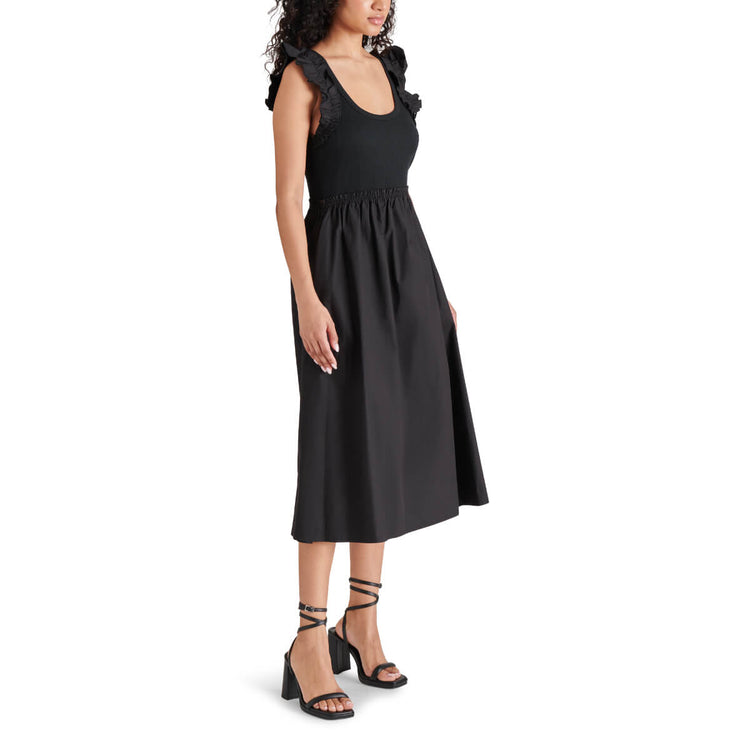 Steve Madden Adela Midi Flare Dress black side | MILK MONEY milkmoney.co | cute clothes for women. womens online clothing. trendy online clothing stores. womens casual clothing online. trendy clothes online. trendy women's clothing online. ladies online clothing stores. trendy women's clothing stores. cute female clothes.