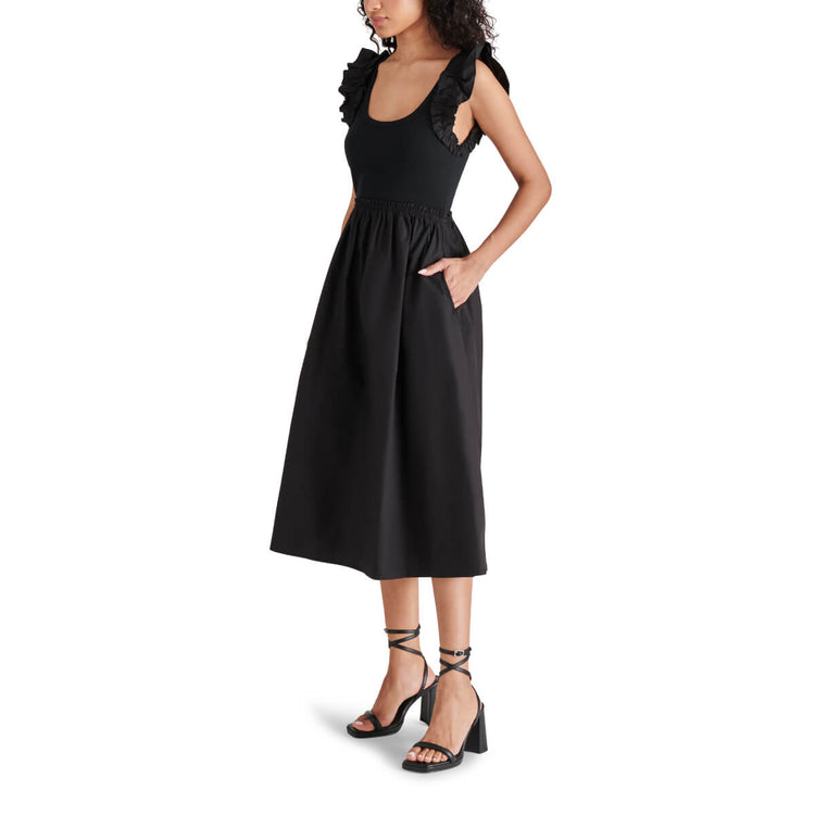 Steve Madden Adela Midi Flare Dress black side | MILK MONEY milkmoney.co | cute clothes for women. womens online clothing. trendy online clothing stores. womens casual clothing online. trendy clothes online. trendy women's clothing online. ladies online clothing stores. trendy women's clothing stores. cute female clothes.