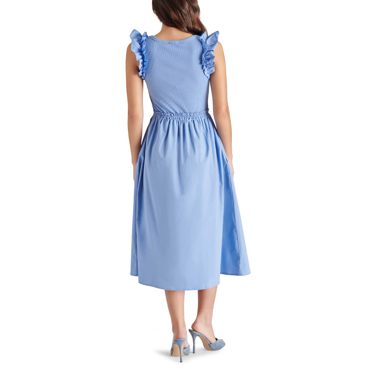 Steve Madden Adela Midi Flare Dress blue back | MILK MONEY milkmoney.co | cute clothes for women. womens online clothing. trendy online clothing stores. womens casual clothing online. trendy clothes online. trendy women's clothing online. ladies online clothing stores. trendy women's clothing stores. cute female clothes.