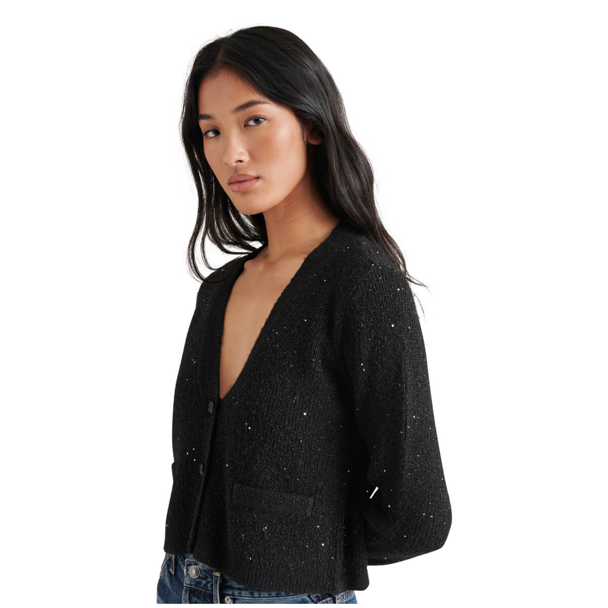 Steve Madden Aero Knit Sequin Button Front Cardigan black front | MILK MONEY milkmoney.co | cute clothes for women. womens online clothing. trendy online clothing stores. womens casual clothing online. trendy clothes online. trendy women's clothing online. ladies online clothing stores. trendy women's clothing stores. cute female clothes.
