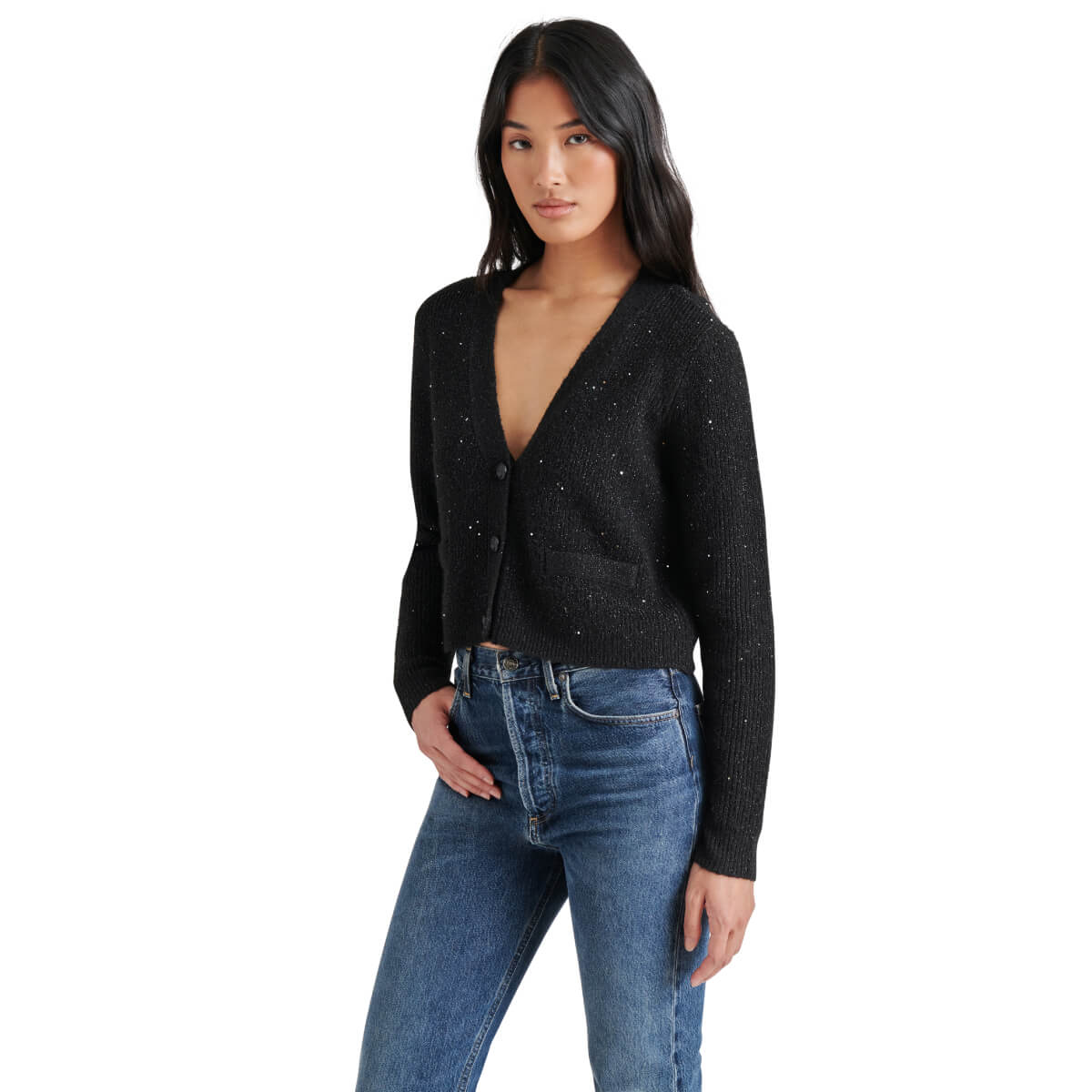 Steve Madden Aero Knit Sequin Button Front Cardigan black front | MILK MONEY milkmoney.co | cute clothes for women. womens online clothing. trendy online clothing stores. womens casual clothing online. trendy clothes online. trendy women's clothing online. ladies online clothing stores. trendy women's clothing stores. cute female clothes.
