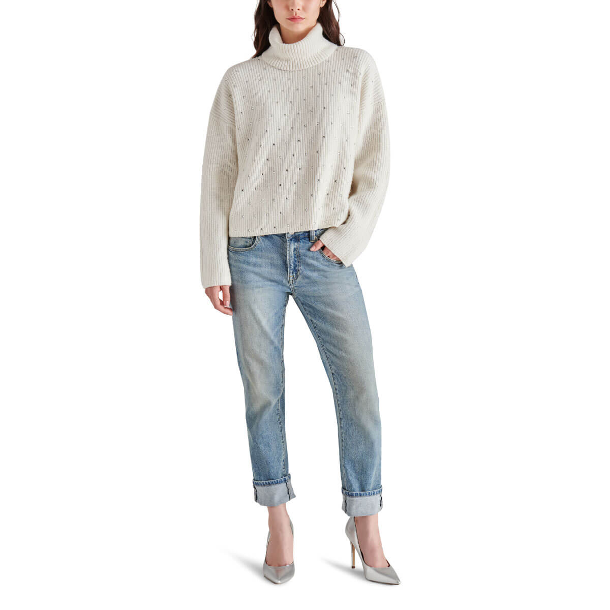 Steve Madden Astro Sequin Turtle Neck Sweater white front | MILK MONEY milkmoney.co | cute sweaters for women, cute knit sweaters, cute pullover sweaters