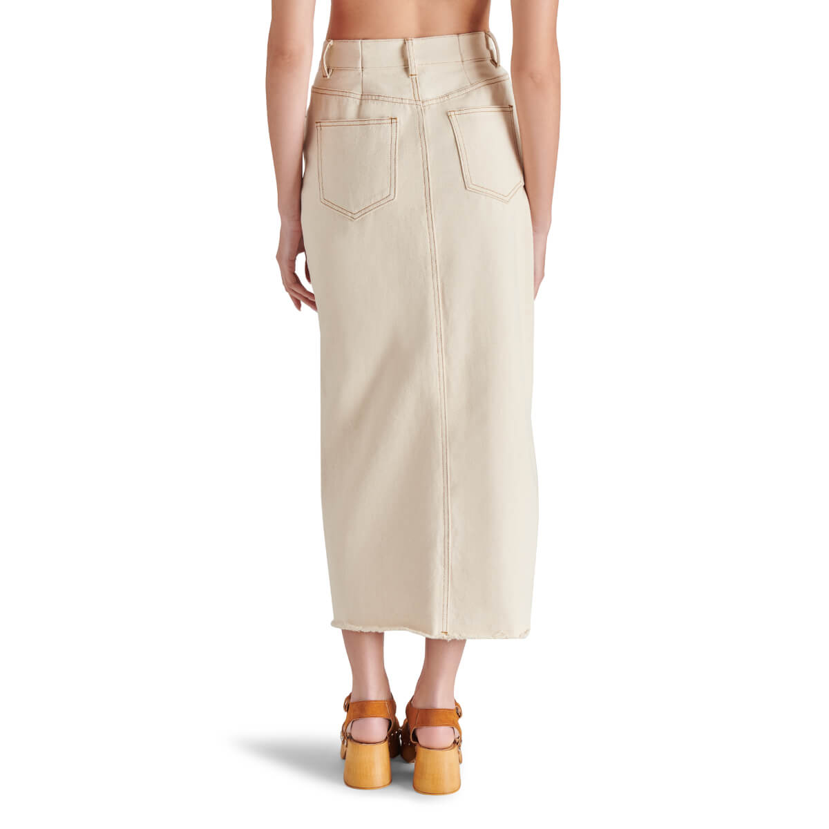 Steve Madden Avani Denim Skirt ivory back | MILK MONEY milkmoney.co | cute clothes for women. womens online clothing. trendy online clothing stores. womens casual clothing online. trendy clothes online. trendy women's clothing online. ladies online clothing stores. trendy women's clothing stores. cute female clothes.