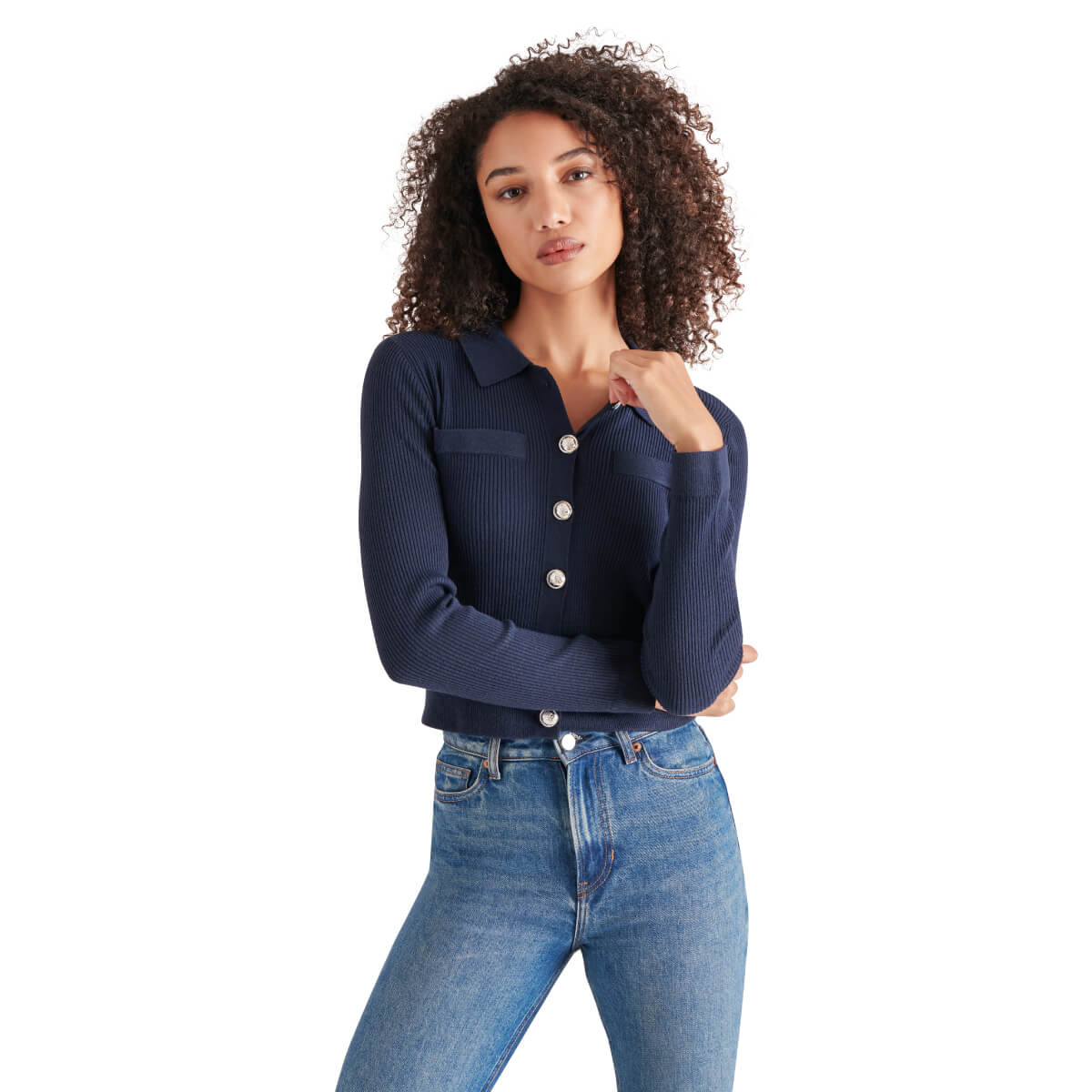 Steve Madden Ayda Contrast-Tipped Cardigan blue front| MILK MONEY milkmoney.co | cute tops for women. trendy tops for women. cute blouses for women. stylish tops for women. pretty womens tops. 
