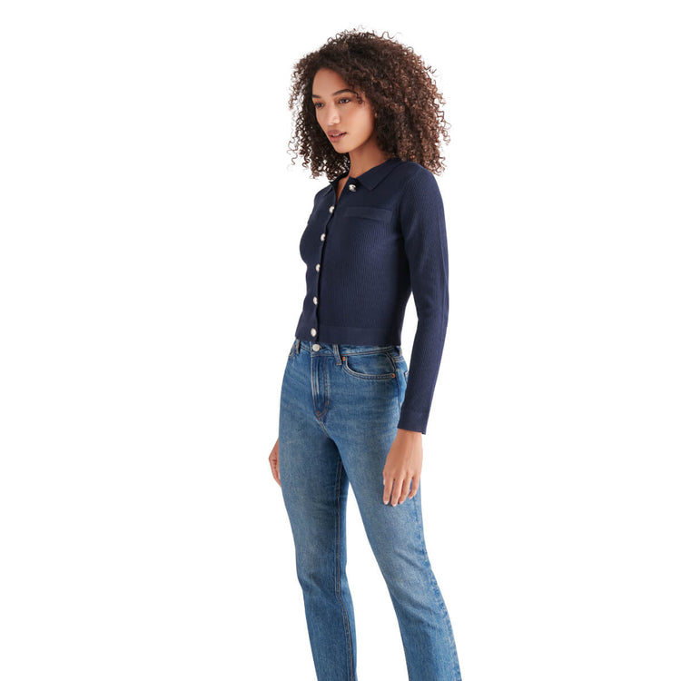 Steve Madden Ayda Contrast-Tipped Cardigan blue side | MILK MONEY milkmoney.co | cute tops for women. trendy tops for women. cute blouses for women. stylish tops for women. pretty womens tops. 
