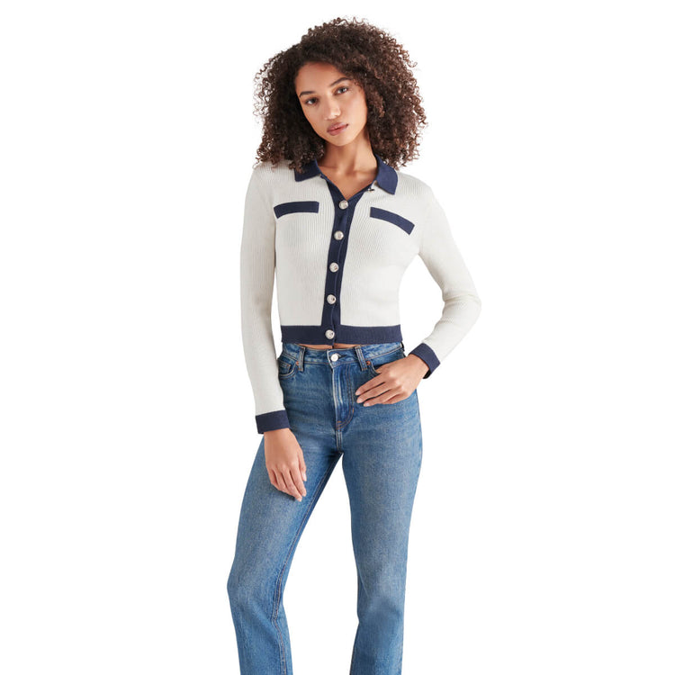 Steve Madden Ayda Contrast-Tipped Cardigan white front | MILK MONEY milkmoney.co | cute tops for women. trendy tops for women. cute blouses for women. stylish tops for women. pretty womens tops. 
