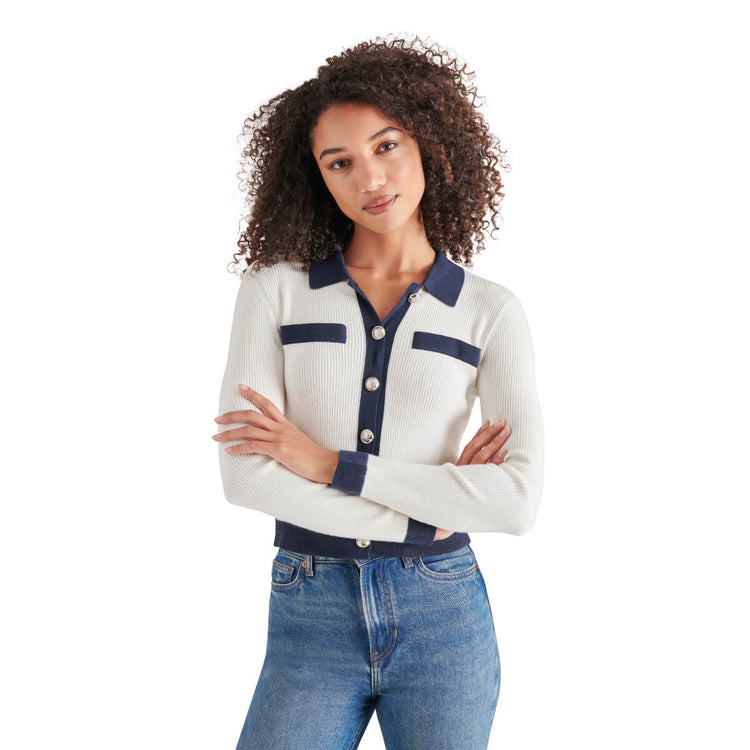 Steve Madden Ayda Contrast-Tipped Cardigan white front | MILK MONEY milkmoney.co | cute tops for women. trendy tops for women. cute blouses for women. stylish tops for women. pretty womens tops. 
