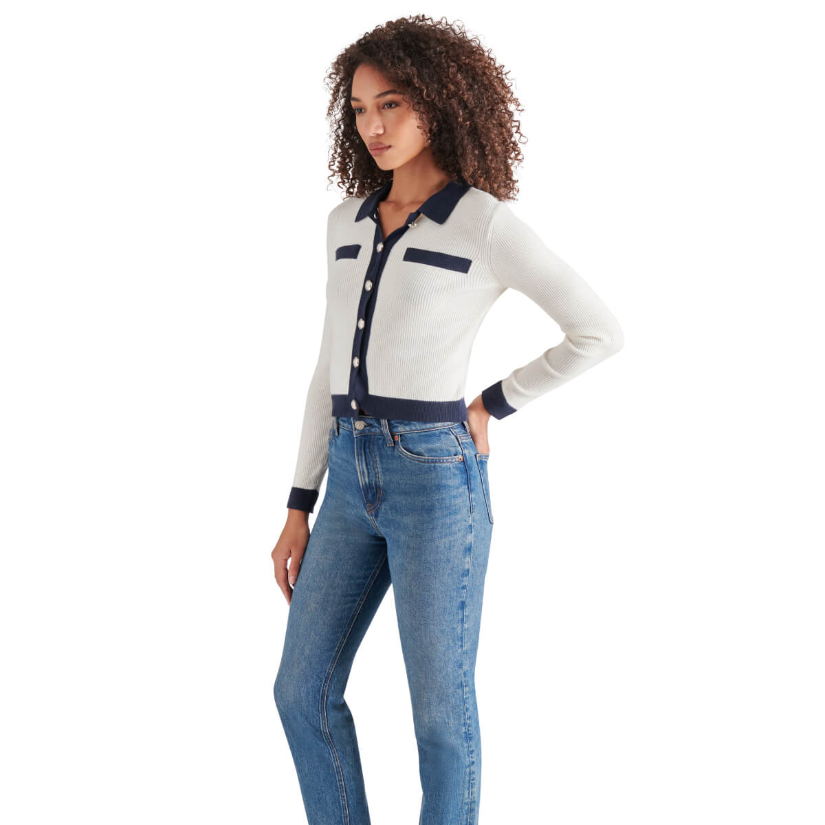 Steve Madden Ayda Contrast-Tipped Cardigan white side | MILK MONEY milkmoney.co | cute tops for women. trendy tops for women. cute blouses for women. stylish tops for women. pretty womens tops. 
