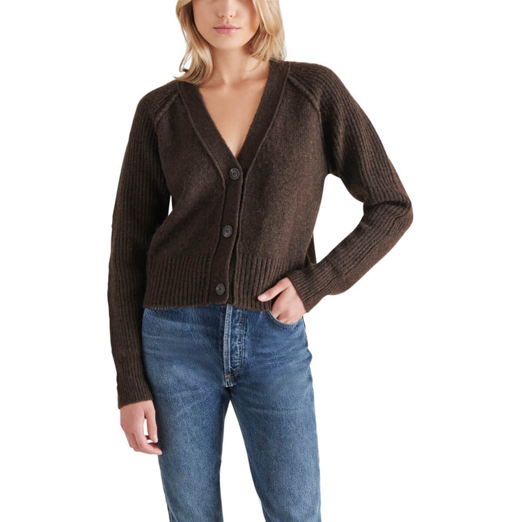 Steve Madden Beckie V-Neck Cardigan brown front | MILK MONEY milkmoney.co | cute tops for women. trendy tops for women. cute blouses for women. stylish tops for women. pretty womens tops. 
