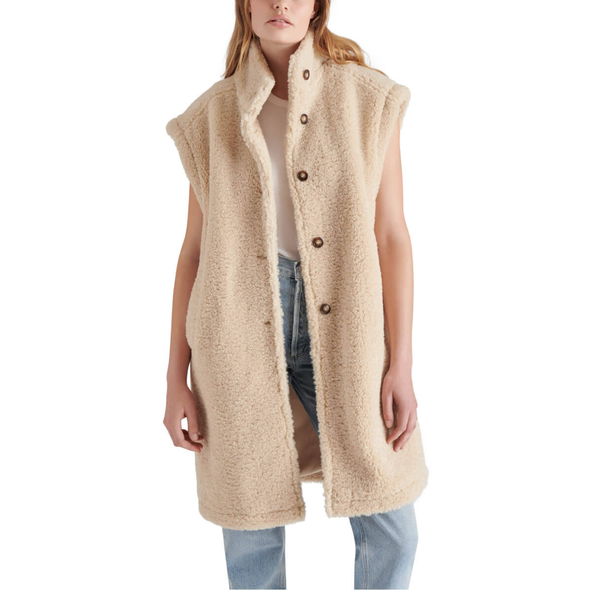 Steve Madden Benit Faux Shearling Vest beige front | MILK MONEY milkmoney.co | cute jackets for women. cute coats. cool jackets for women. stylish jackets for women. trendy jackets for women. trendy womens coats.
