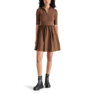 Steve Madden Berlina Half Zip Mixed Media Dress coco front | MILK MONEY milkmoney.co | cute clothes for women. womens online clothing. trendy online clothing stores. womens casual clothing online. trendy clothes online. trendy women's clothing online. ladies online clothing stores. trendy women's clothing stores. cute female clothes.