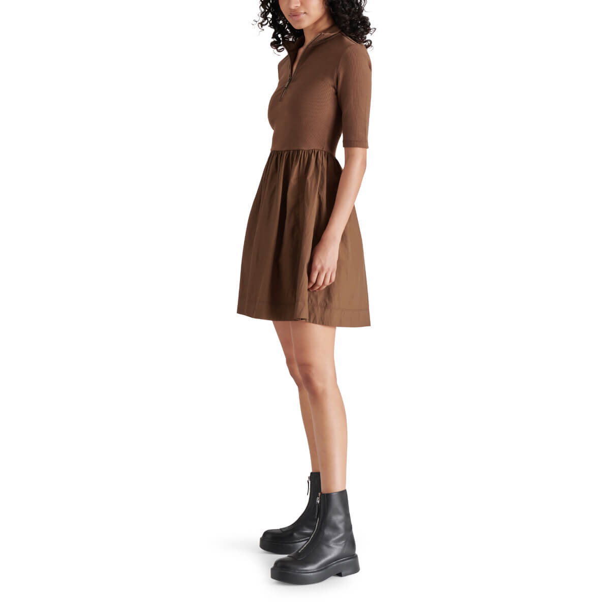 Steve Madden Berlina Half Zip Mixed Media Dress coco side | MILK MONEY milkmoney.co | cute clothes for women. womens online clothing. trendy online clothing stores. womens casual clothing online. trendy clothes online. trendy women's clothing online. ladies online clothing stores. trendy women's clothing stores. cute female clothes.