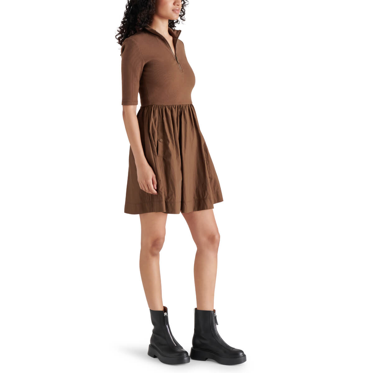 Steve Madden Berlina Half Zip Mixed Media Dress coco side | MILK MONEY milkmoney.co | cute clothes for women. womens online clothing. trendy online clothing stores. womens casual clothing online. trendy clothes online. trendy women's clothing online. ladies online clothing stores. trendy women's clothing stores. cute female clothes.