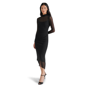 Steve Madden Blare Long Sleeve Mesh Midi Dress black front | MILK MONEY milkmoney.co | cute clothes for women. womens online clothing. trendy online clothing stores. womens casual clothing online. trendy clothes online. trendy women's clothing online. ladies online clothing stores. trendy women's clothing stores. cute female clothes.
