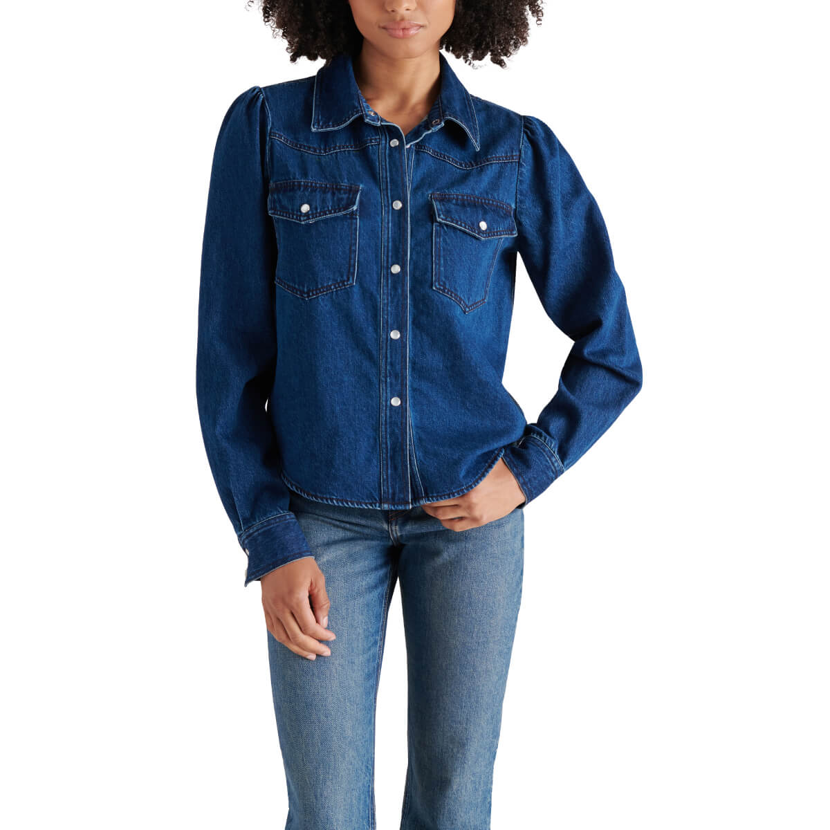 Steve Madden Charley Denim Button Front Top blue front | MILK MONEY milkmoney.co | cute tops for women. trendy tops for women. cute blouses for women. stylish tops for women. pretty womens tops. 
