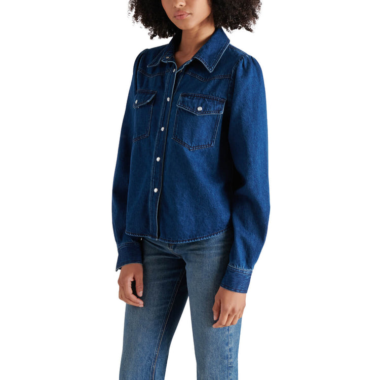 Steve Madden Charley Denim Button Front Top blue front | MILK MONEY milkmoney.co | cute tops for women. trendy tops for women. cute blouses for women. stylish tops for women. pretty womens tops. 
