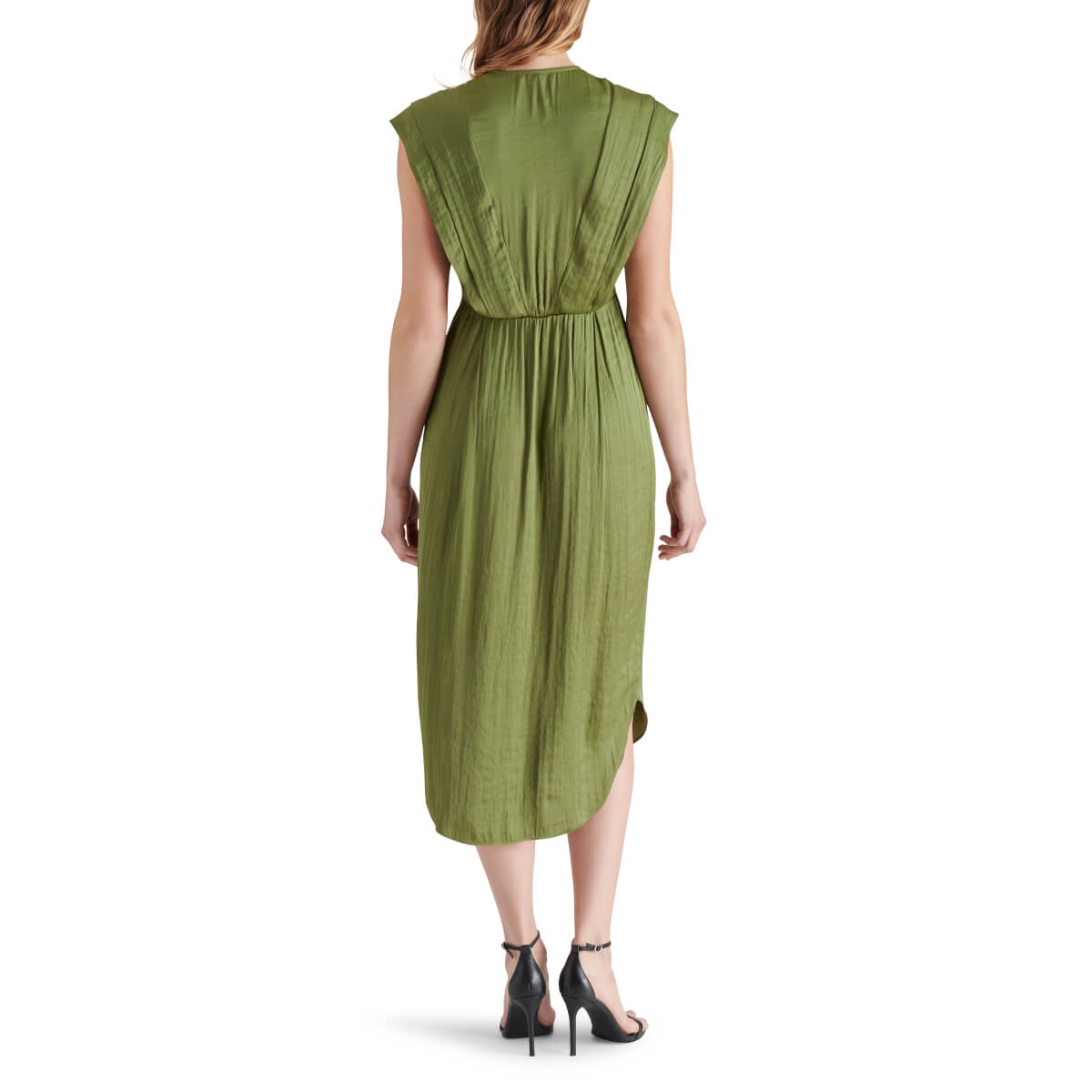 Steve Madden Clarissa Pleated Midi Dress burnt olive back | MILK MONEY milkmoney.co | cute clothes for women. womens online clothing. trendy online clothing stores. womens casual clothing online. trendy clothes online. trendy women's clothing online. ladies online clothing stores. trendy women's clothing stores. cute female clothes.