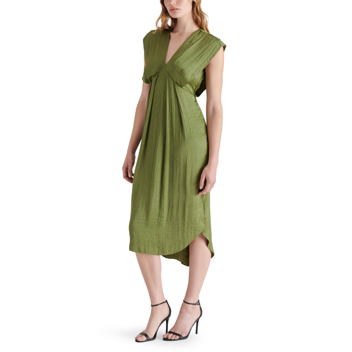 Steve Madden Clarissa Pleated Midi Dress burnt olive side | MILK MONEY milkmoney.co | cute clothes for women. womens online clothing. trendy online clothing stores. womens casual clothing online. trendy clothes online. trendy women's clothing online. ladies online clothing stores. trendy women's clothing stores. cute female clothes.