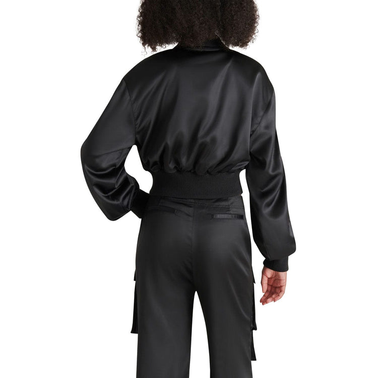Steve Madden Costa Silk Bomber Jacket black back | MILK MONEY milkmoney.co | cute jackets for women, cute coats. cool jackets for women, stylish jackets for women, trendy jackets for women, trendy womens coats.