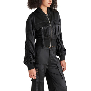Steve Madden Costa Silk Bomber Jacket black side | MILK MONEY milkmoney.co | cute jackets for women, cute coats. cool jackets for women, stylish jackets for women, trendy jackets for women, trendy womens coats.