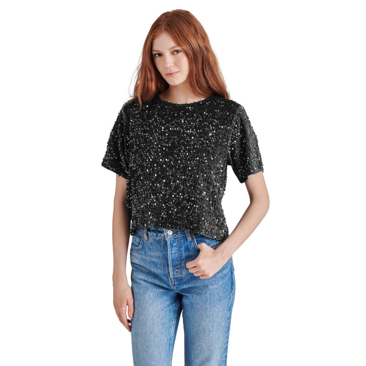 Steve Madden Cressa Sequin Short Sleeve Top black front | MILK MONEY milkmoney.co | cute tops for women. trendy tops for women. cute blouses for women. stylish tops for women. pretty womens tops. 
