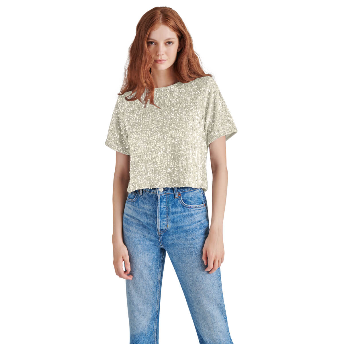 Steve Madden Cressa Sequin Short Sleeve Top ivory front | MILK MONEY milkmoney.co | cute tops for women. trendy tops for women. cute blouses for women. stylish tops for women. pretty womens tops. 
