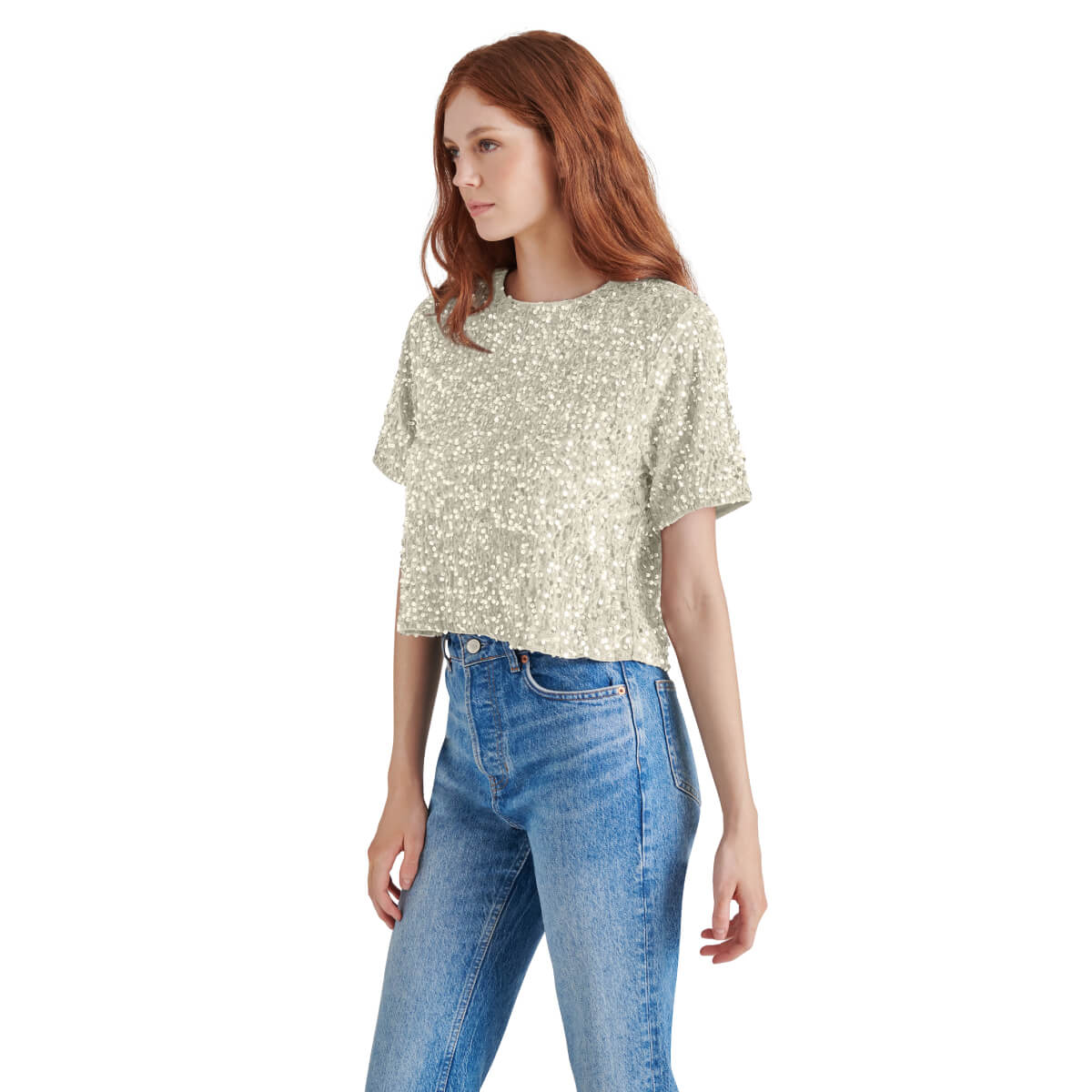 Steve Madden Cressa Sequin Short Sleeve Top ivory front | MILK MONEY milkmoney.co | cute tops for women. trendy tops for women. cute blouses for women. stylish tops for women. pretty womens tops. 
