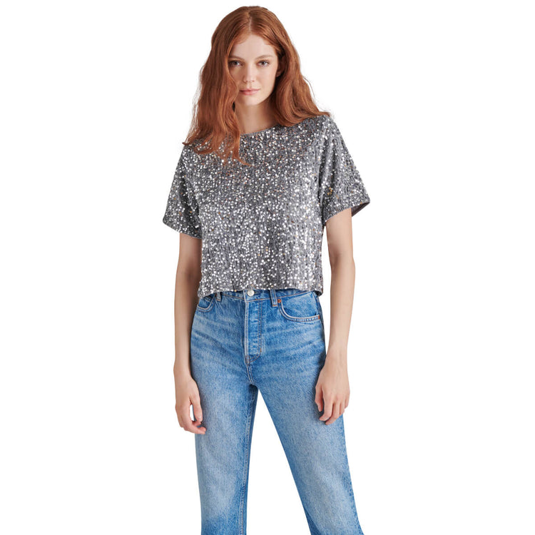 Steve Madden Cressa Sequin Short Sleeve Top silver front | MILK MONEY milkmoney.co | cute tops for women. trendy tops for women. cute blouses for women. stylish tops for women. pretty womens tops. 
