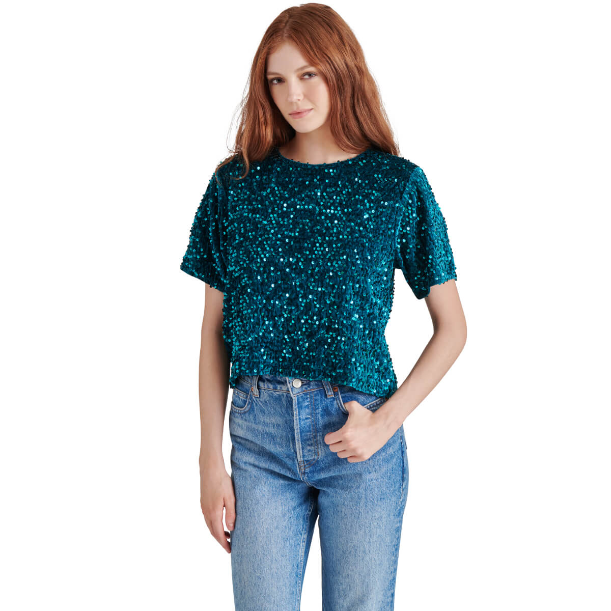 Steve Madden Cressa Sequin Short Sleeve Top teal front | MILK MONEY milkmoney.co | cute tops for women. trendy tops for women. cute blouses for women. stylish tops for women. pretty womens tops. 
