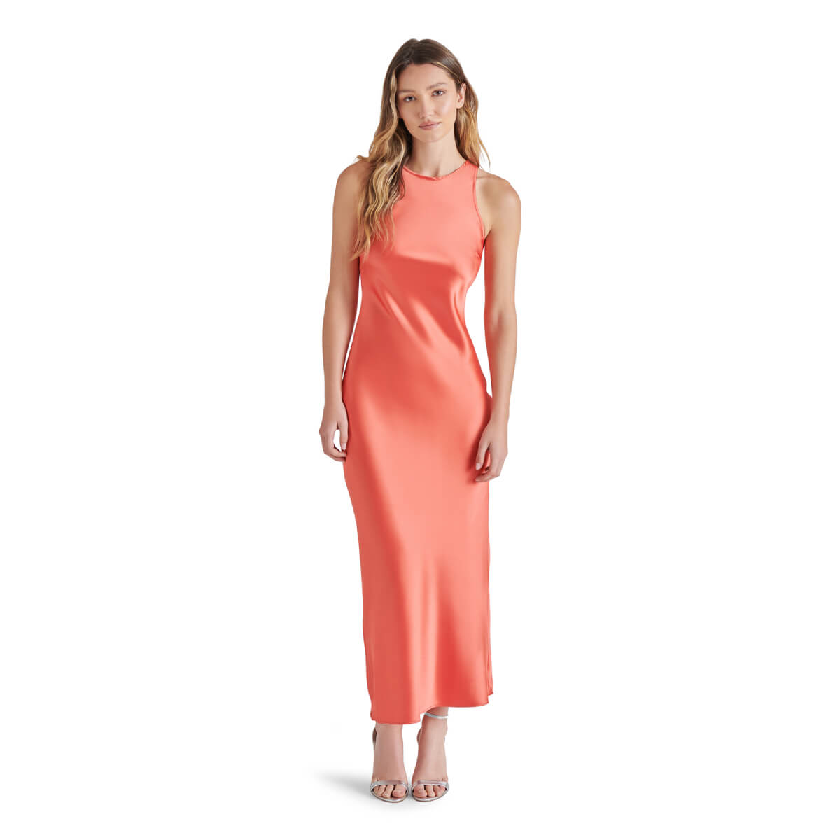 Steve Madden Diane Racerback Satin Maxi Dress  coral front | MILK MONEY milkmoney.co | cute clothes for women. womens online clothing. trendy online clothing stores. womens casual clothing online. trendy clothes online. trendy women's clothing online. ladies online clothing stores. trendy women's clothing stores. cute female clothes.
