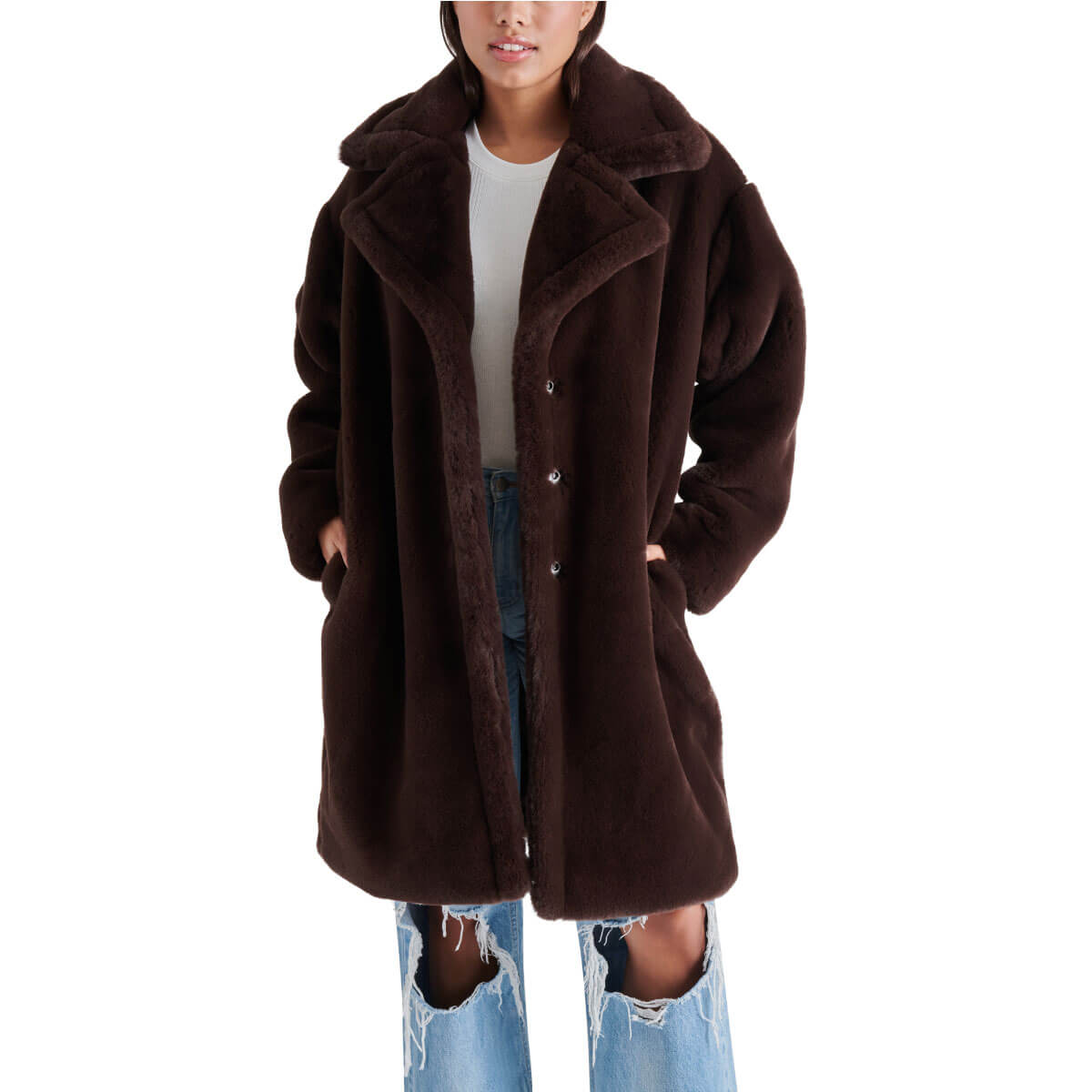 Steve Madden Emery Faux Fur Coat dark brown front | MILK MONEY milkmoney.co | cute jackets for women. cute coats. cool jackets for women. stylish jackets for women. trendy jackets for women. trendy womens coats.