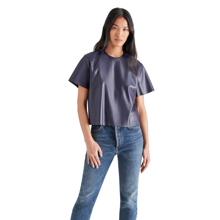 Steve Madden Ezra Faux Leather Top marine front | MILK MONEY milkmoney.co | cute tops for women. trendy tops for women. cute blouses for women. stylish tops for women. pretty womens tops. 
