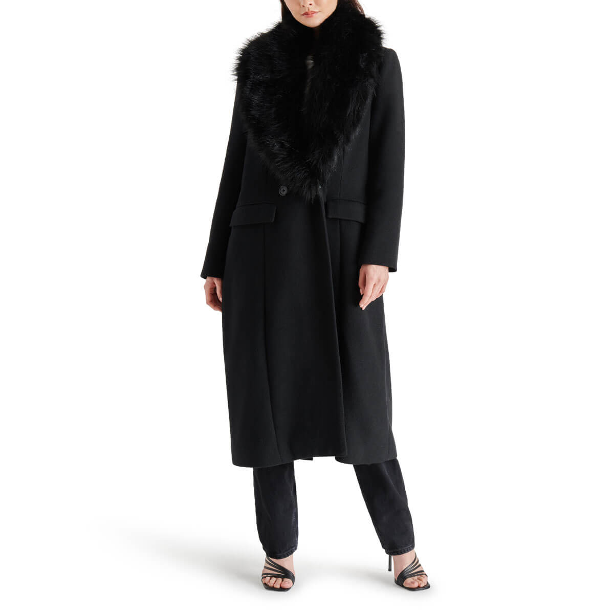 Steve Madden Faux Fur Collar Prince Coat black front | MILK MONEY milkmoney.co | cute jackets for women. cute coats. cool jackets for women. stylish jackets for women. trendy jackets for women. trendy womens coats.