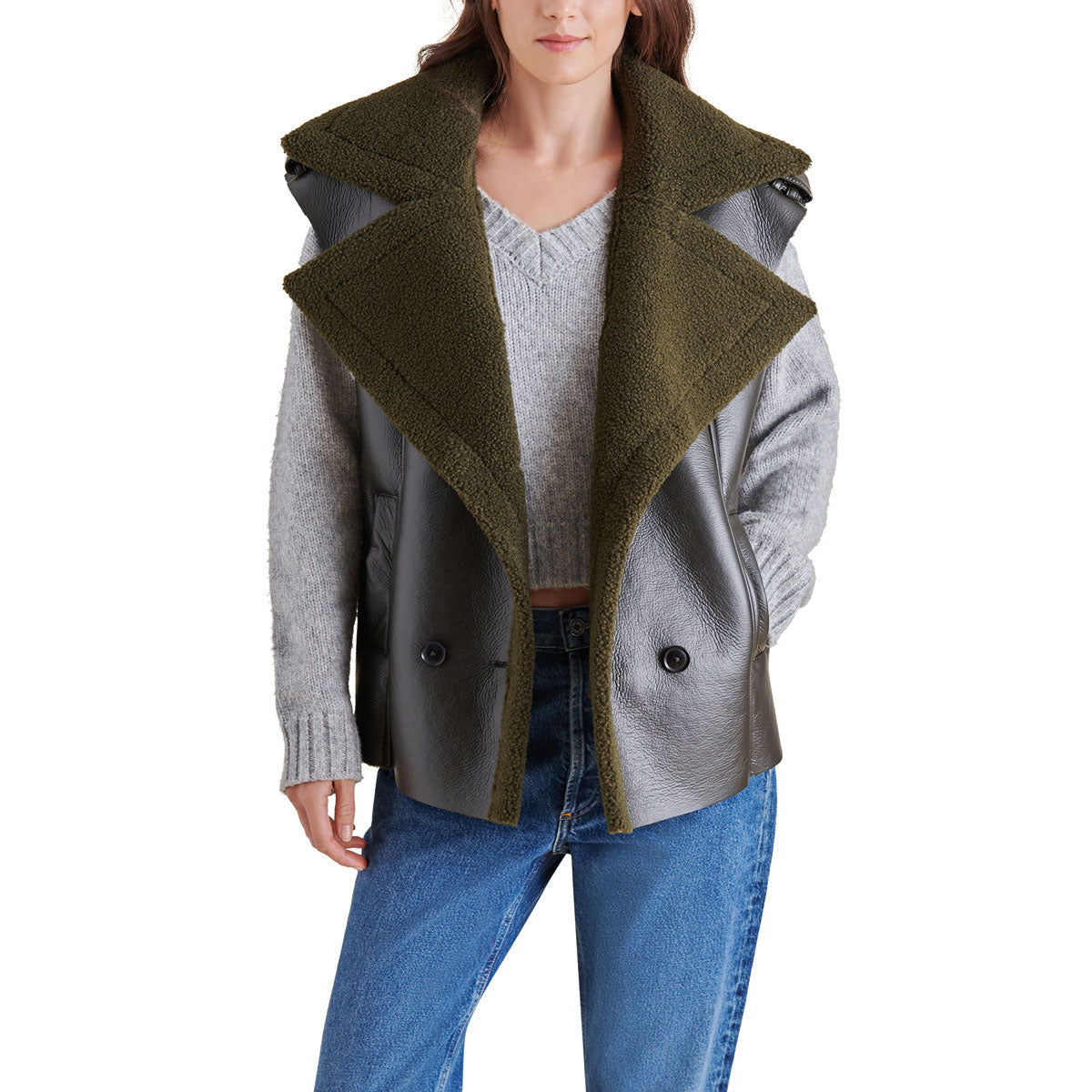 Steve Madden Fawn Oversize Faux Shearling Vest green front | MILK MONEY milkmoney.co | cute clothes for women. womens online clothing. trendy online clothing stores. womens casual clothing online. trendy clothes online. trendy women's clothing online. ladies online clothing stores. trendy women's clothing stores. cute female clothes.
