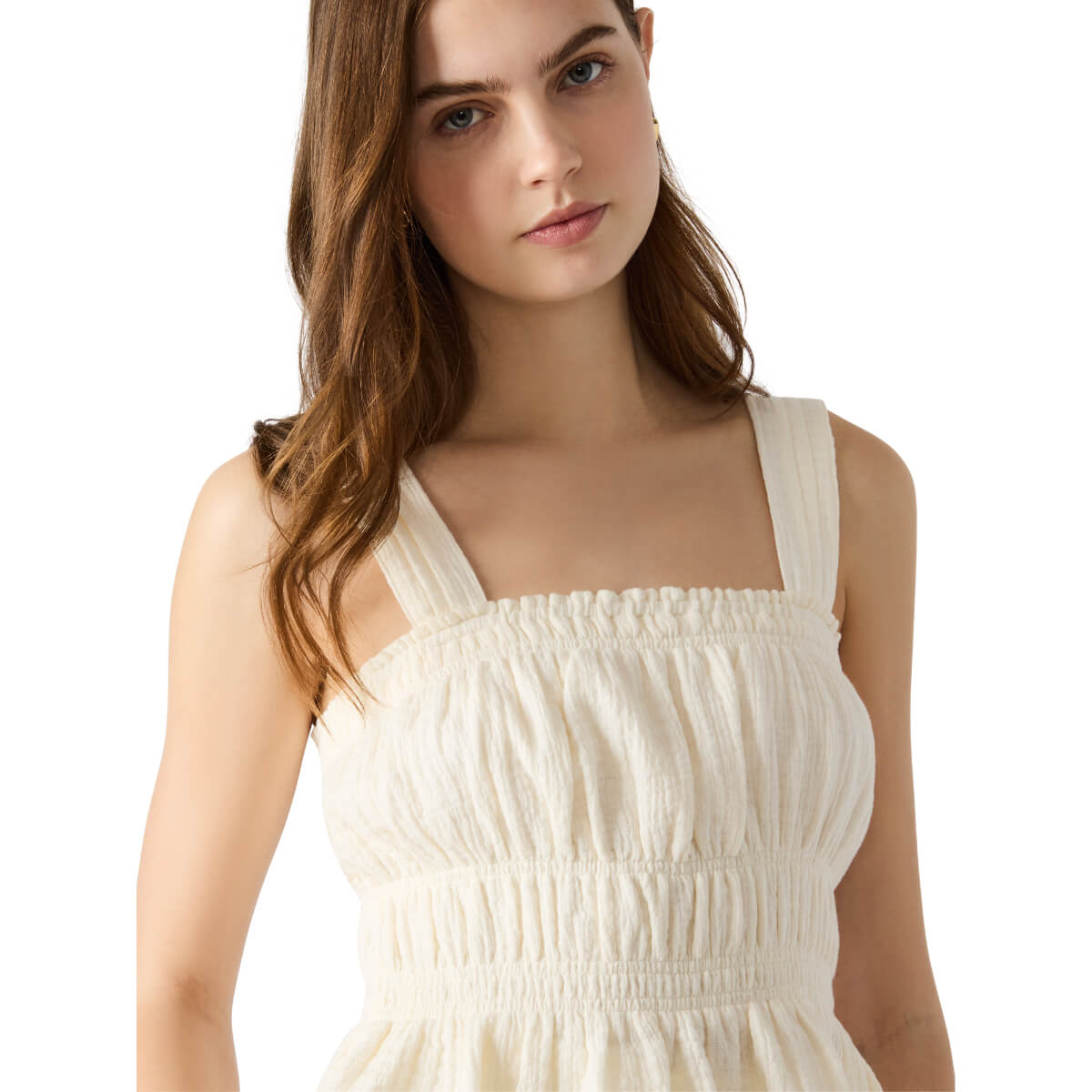 Steve Madden Gabrielle Shirred Peplum Tank ivory front | MILK MONEY milkmoney.co | cute tops for women. trendy tops for women. cute blouses for women. stylish tops for women. pretty womens tops. 
