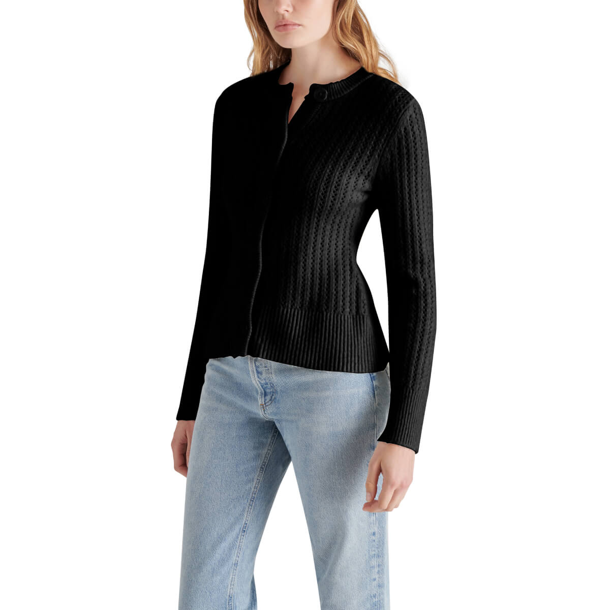 Steve Madden Illiana Open Stitch Cardigan  black side | MILK MONEY milkmoney.co | cute tops for women. trendy tops for women. cute blouses for women. stylish tops for women. pretty womens tops. 
