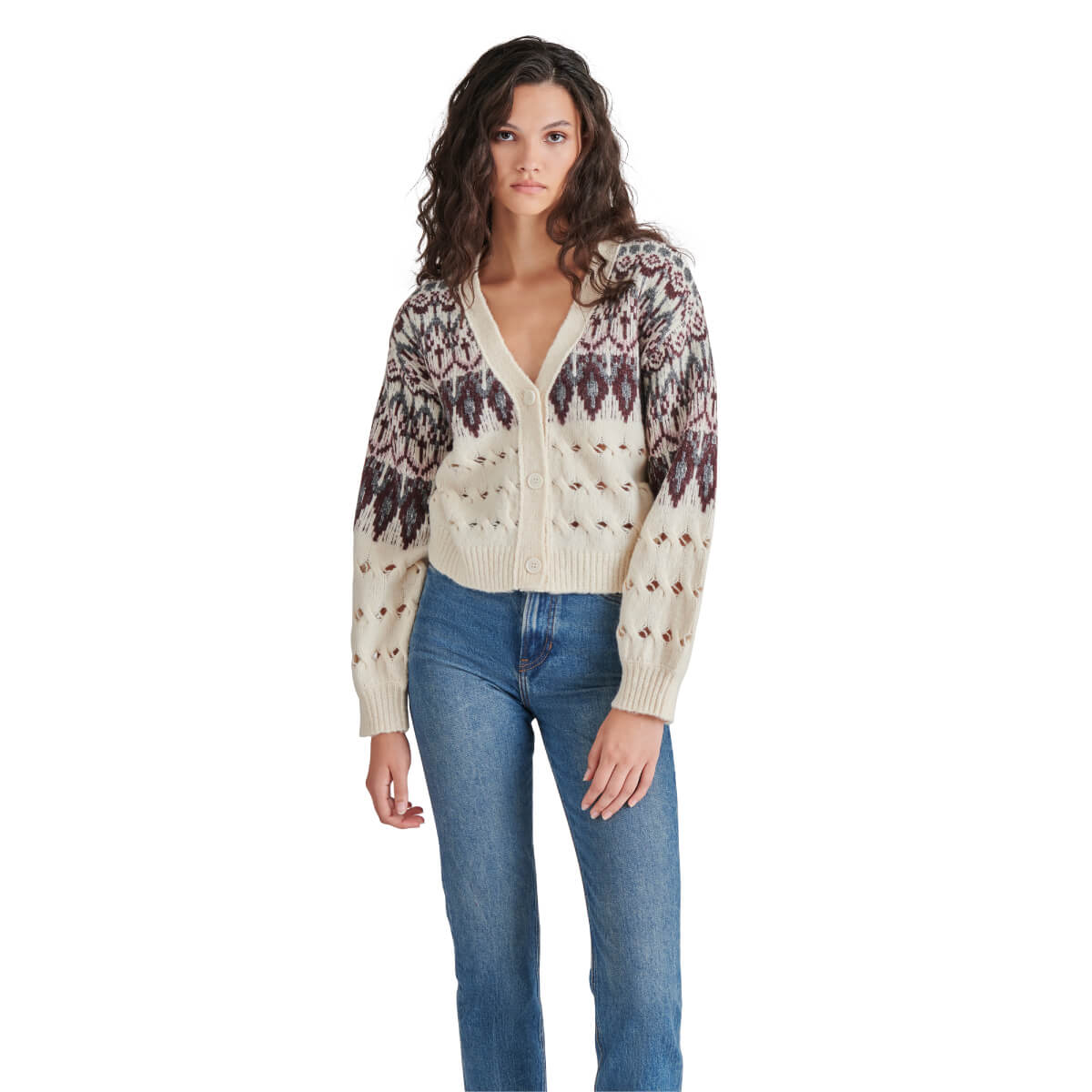 Steve Madden Irisa Fair Isle Cardigan ivory front | MILK MONEY milkmoney.co | cute tops for women. trendy tops for women. cute blouses for women. stylish tops for women. pretty womens tops. 
