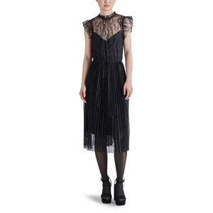 Steve Madden Izzo Pleated Ruffle Lace Midi Dress black front | MILK MONEY milkmoney.co | cute clothes for women. womens online clothing. trendy online clothing stores. womens casual clothing online. trendy clothes online. trendy women's clothing online. ladies online clothing stores. trendy women's clothing stores. cute female clothes.
