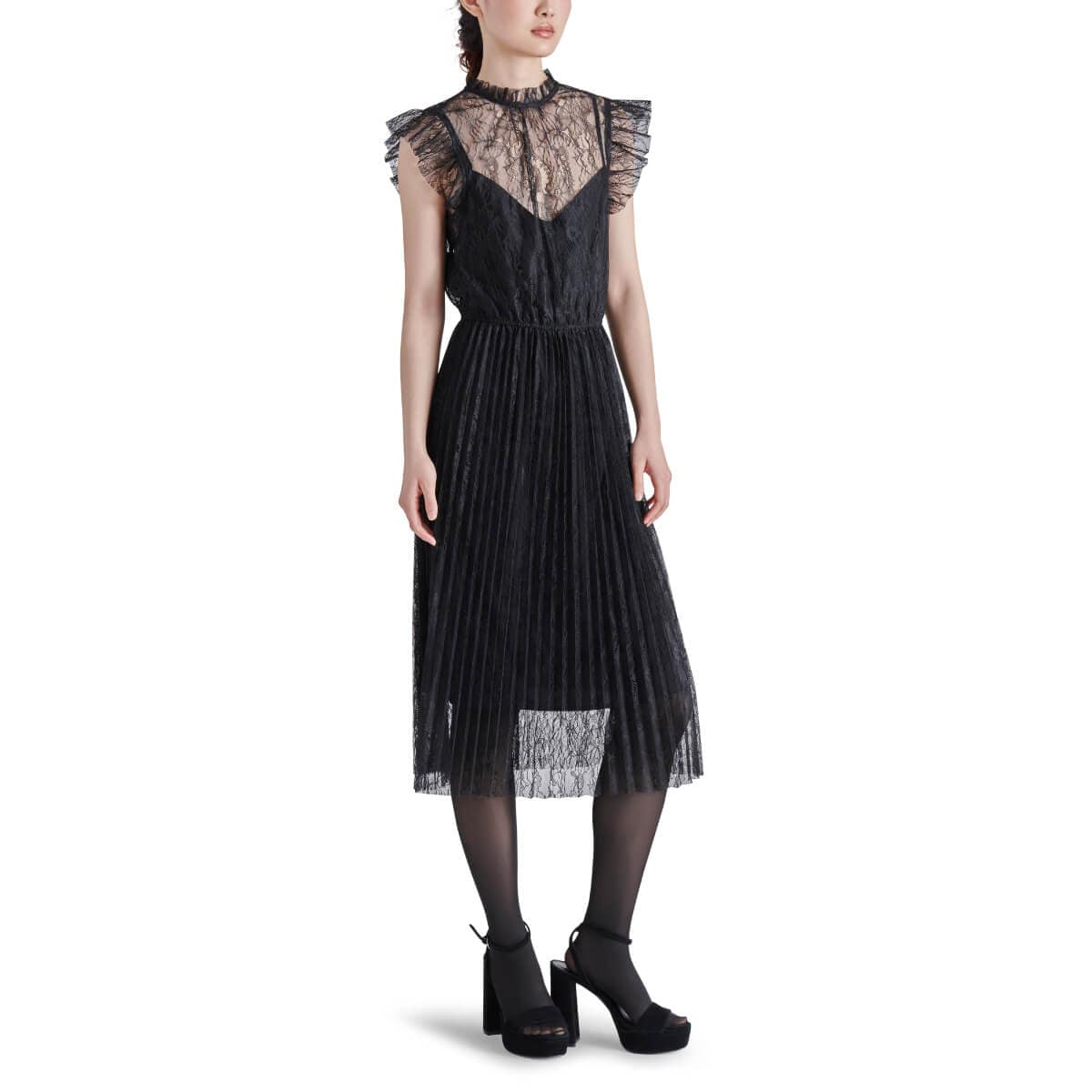 Steve Madden Izzo Pleated Ruffle Lace Midi Dress  black front | MILK MONEY milkmoney.co | cute clothes for women. womens online clothing. trendy online clothing stores. womens casual clothing online. trendy clothes online. trendy women's clothing online. ladies online clothing stores. trendy women's clothing stores. cute female clothes.