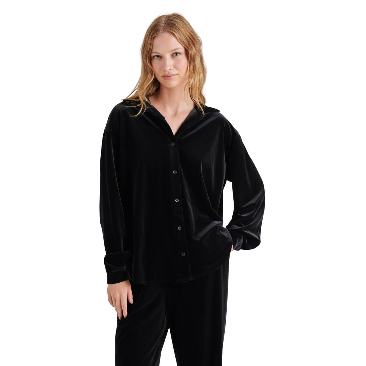 Steve Madden Jaelynn Velvet Fold-Collar Blouse black front | MILK MONEY milkmoney.co | cute tops for women. trendy tops for women. cute blouses for women. stylish tops for women. pretty womens tops. 
