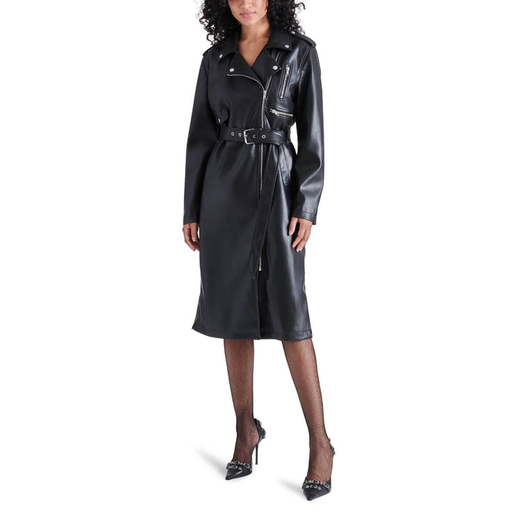 Steve Madden Kenna Faux Leather Long Moto Trench Coat black front | MILK MONEY milkmoney.co | cute jackets for women. cute coats. cool jackets for women. stylish jackets for women. trendy jackets for women. trendy womens coats.