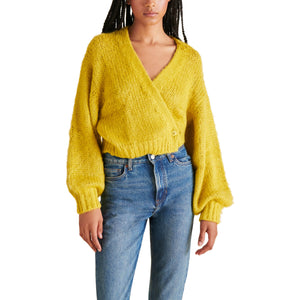 Steve Madden Kyan V Neck Wrap Front Sweater yellow front | MILK MONEY milkmoney.co | cute clothes for women. womens online clothing. trendy online clothing stores. womens casual clothing online. trendy clothes online. trendy women's clothing online. ladies online clothing stores. trendy women's clothing stores. cute female clothes.
