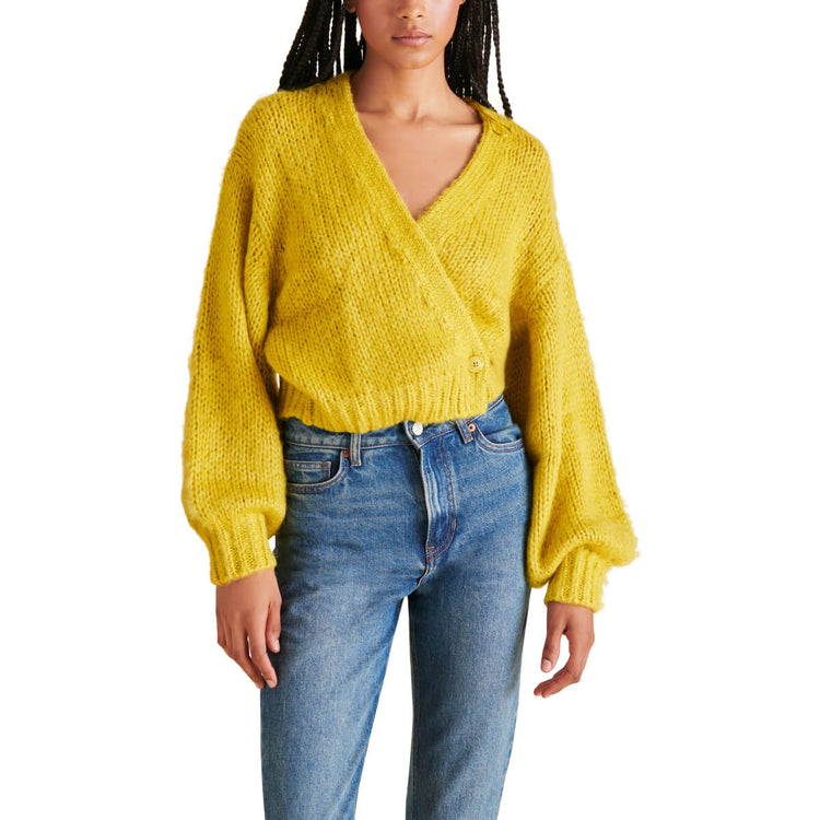 Steve Madden Kyan V Neck Wrap Front Sweater yellow front | MILK MONEY milkmoney.co | cute clothes for women. womens online clothing. trendy online clothing stores. womens casual clothing online. trendy clothes online. trendy women's clothing online. ladies online clothing stores. trendy women's clothing stores. cute female clothes.
