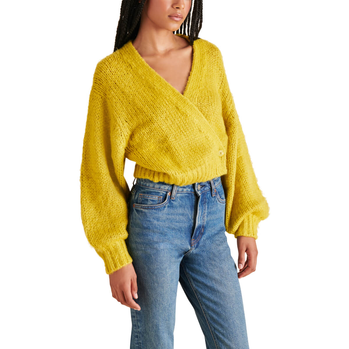 Steve Madden Kyan V Neck Wrap Front Sweater yellow front | MILK MONEY milkmoney.co | cute clothes for women. womens online clothing. trendy online clothing stores. womens casual clothing online. trendy clothes online. trendy women's clothing online. ladies online clothing stores. trendy women's clothing stores. cute female clothes.
