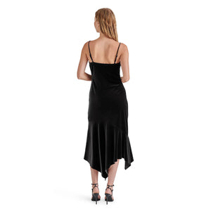 Steve Madden Lucille Velvet Rosette Midi Dress black back | MILK MONEY milkmoney.co | cute clothes for women. womens online clothing. trendy online clothing stores. womens casual clothing online. trendy clothes online. trendy women's clothing online. ladies online clothing stores. trendy women's clothing stores. cute female clothes.
