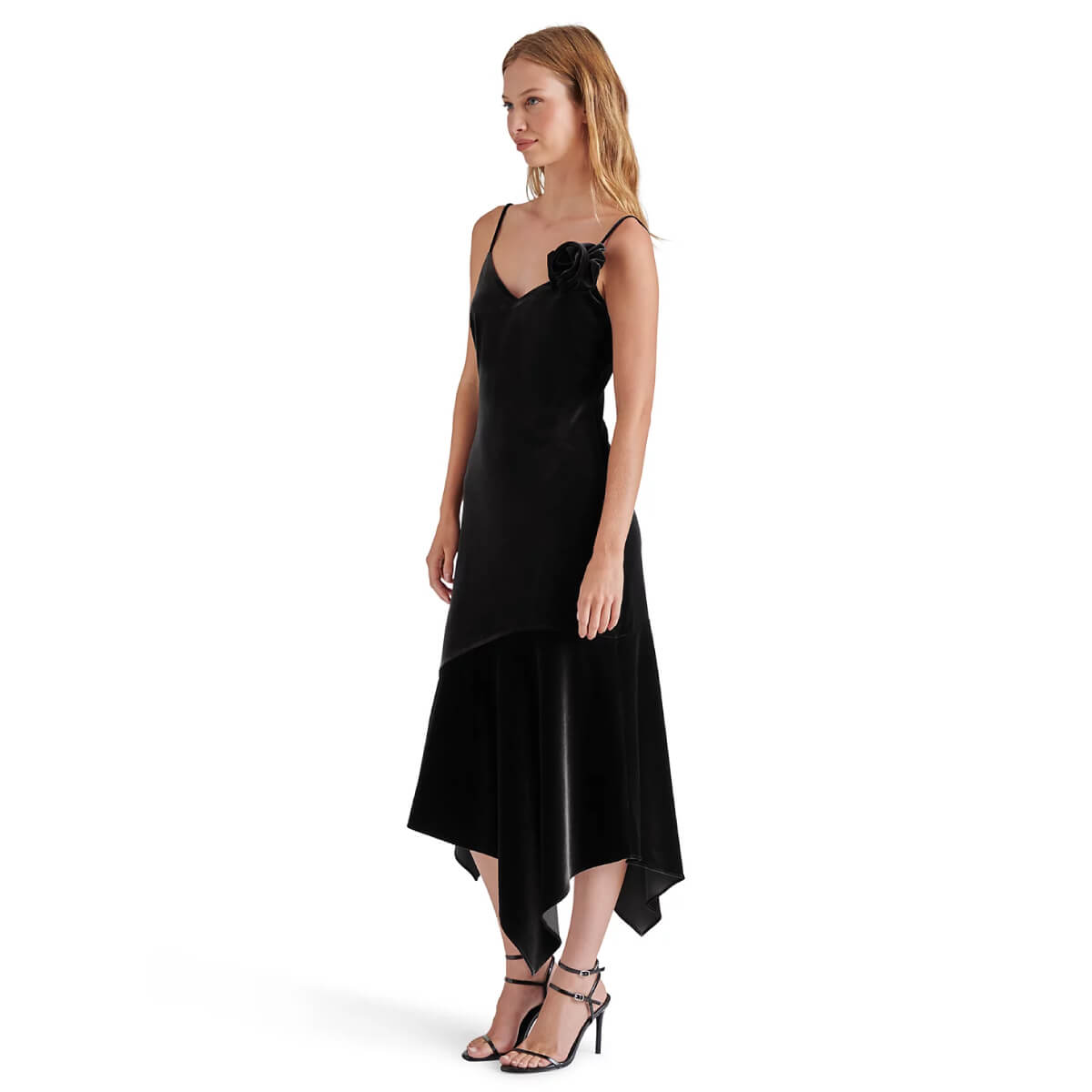 Steve Madden Lucille Velvet Rosette Midi Dress black side | MILK MONEY milkmoney.co | cute clothes for women. womens online clothing. trendy online clothing stores. womens casual clothing online. trendy clothes online. trendy women's clothing online. ladies online clothing stores. trendy women's clothing stores. cute female clothes.
