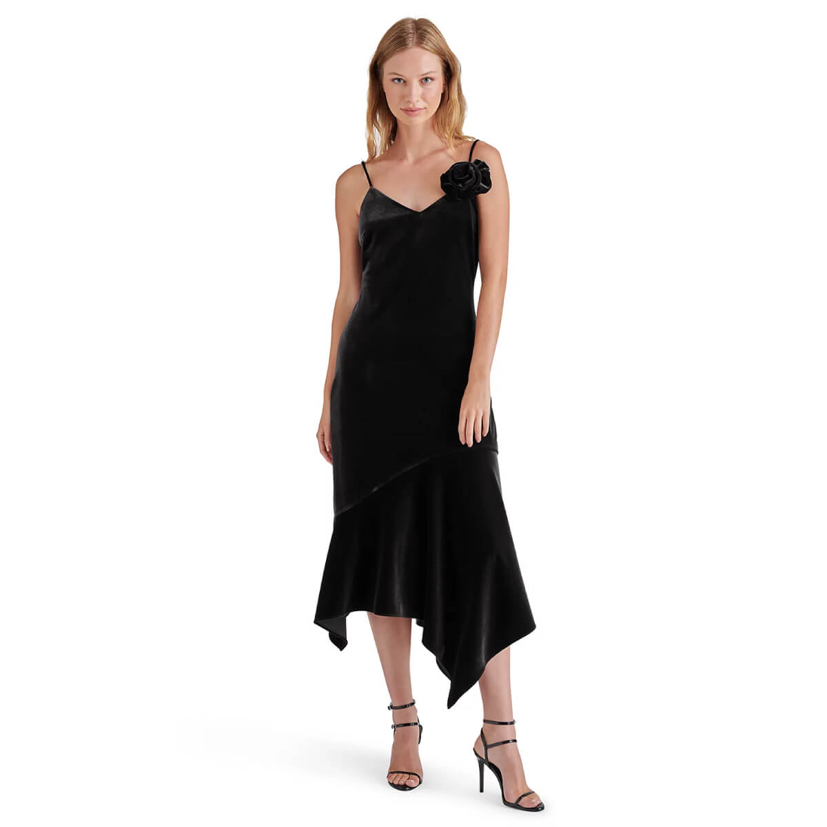 Steve Madden Lucille Velvet Rosette Midi Dress black front | MILK MONEY milkmoney.co | cute clothes for women. womens online clothing. trendy online clothing stores. womens casual clothing online. trendy clothes online. trendy women's clothing online. ladies online clothing stores. trendy women's clothing stores. cute female clothes.
