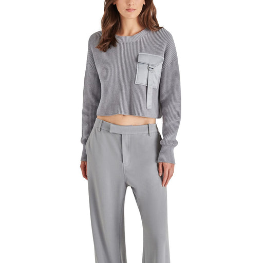 Steve Madden Madison Satin Pocket Sweater steel grey front | MILK MONEY milkmoney.co | cute tops for women. trendy tops for women. cute blouses for women. stylish tops for women. pretty womens tops. 