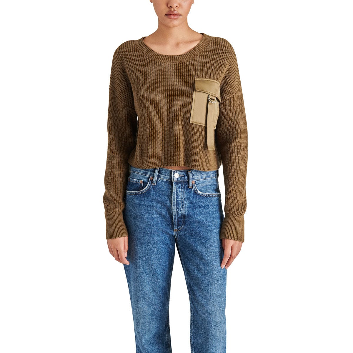 Steve Madden Madison Satin Pocket Sweater olive front | MILK MONEY milkmoney.co | cute tops for women. trendy tops for women. cute blouses for women. stylish tops for women. pretty womens tops.